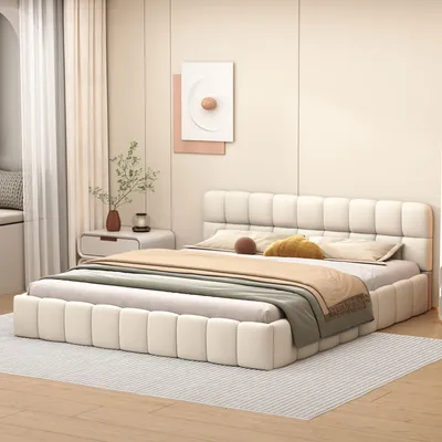 Produktbild von ProximaX Polsterbett 160x200 cm – Doppelbett mit Lattenrost, gepolstertem Kopfteil & Seiten, Leinen, Beige