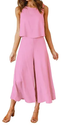 Produktbild von ASKSA Damen 2 Teiliges Outfit Sommer Ärmellos Rundhals Tank Top Weite Beinhose Freizeitanzug Zweiteiler, Rosa, L