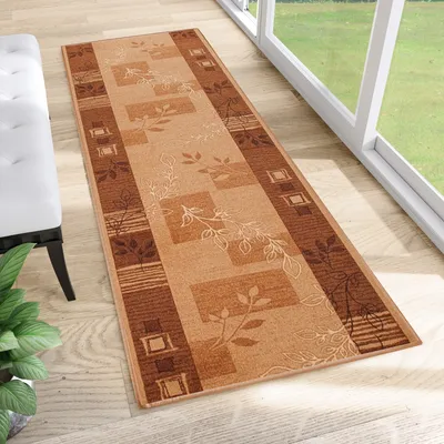 Produktbild von Läufer Teppich Meterware Flur Brücke Wohnzimmer Schlafzimmer Kurzflor Modern Rutschfest Braun Beige Vierecke Floral Küche 67 x 660