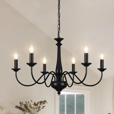 Productafbeelding van Vintage kroonluchter met zwarte bekerlamp, 6-lichts hanglamp voor de woonkamer, met E14 fitting. Zwarte kroonluchter voor slaapkamer, keuken of hal