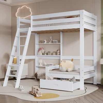 Produktbild von Ulife Etagenbett Massivholz Weiß 90x200 cm mit Sofa, Stauraum, Schrägleiter und Geländer für Kinderzimmer, platzsparend und stabil.