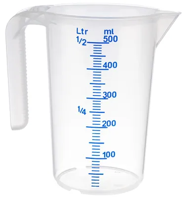 Imagen del producto de Vaso medidor de 0,5 litros, con un diámetro de 9 cm y una altura de 14 cm, fabricado en plástico y con escala de medición