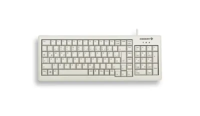 A top-down view of a gray and white Cherry keyboard on a white background.