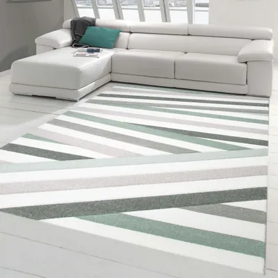 Produktbild von Designer Teppich Moderner Teppich Wohnzimmer Teppich Kurzflor Teppich mit Konturenschnitt Gestreift Pastellfarben Grün Creme Beige Größe - 80 x 300 cm