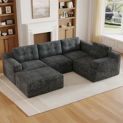Produktbild von Merax 5 Sitzer Modulares U-Form Ecksofa, Rahmenloses Kombinationssofa Mit Hocker, L-Form Sofa Aus Vollschaum, Chenille Couch, Soffa, Grau