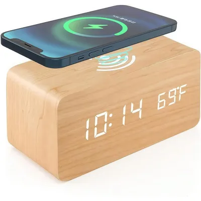 Produktbild von Digitaler Wecker in Holzoptik – Holz-Wecker mit kabelloser 5W Ladestation für iPhone/Samsung, 15×7×7cm