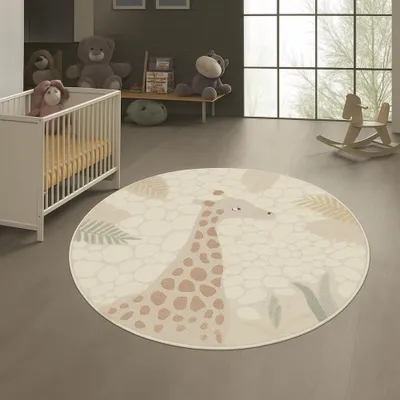 Produktbild von Kinderzimmer Spielezimmer Teppich mit Giraffen Abbild in creme beige Größe - 120 cm Rund