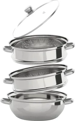 Produktbild von Dampftopf - 3-stöckiger Dampfgarer 28 cm - Edelstahl - Glasdeckel - Spülmaschinenfest - Rund - Silber