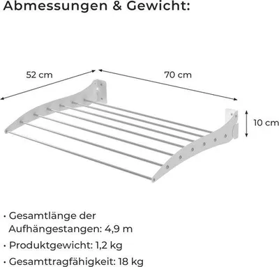 Productafbeelding van Famanu Wandmontage wasdroogrek, 70 cm - Uitschuifbaar droogrek voor binnen en buiten