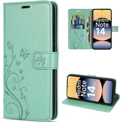Image de Coque pour Xiaomi Redmi Note 14 5G, Protection Rabat Cuir Synthétique Antichoc Vert Motif Papillon