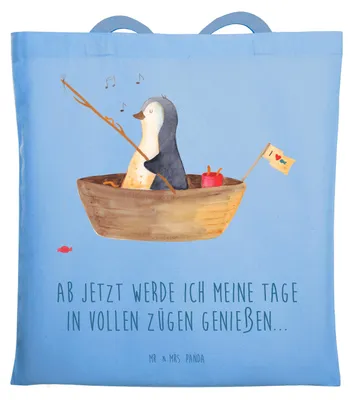 Produktbild von Mr. & Mrs. Panda Schultasche Pinguin Angelboot - Sky Blue - Geschenk, Laptoptasche, Scheidung, Optimistisch, canvas tasche, Pinguine, Genießen, Tote Bag, Baumwolltasche