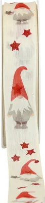 Produktbild von Geschenkband Weihnachtsband Wichtel Creme 25mm 20m mit Draht - Festliches Dekoband für Geschenke und Adventsdeko