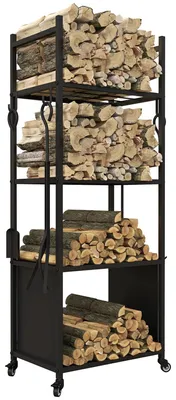 Productafbeelding van Houtrek voor de kachel met wielen - 4 kachelaccessoires - 4 plateaus - Metaal - 45 x 30 x 118 cm - Zwart