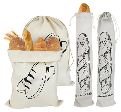 Produktbild von Brotbeutel aus Leinen - Mit Kordelzug und wiederverwendbar - Zur Aufbewahrung von Brot und Baguette - 4 Stück