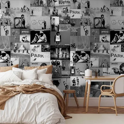 Produktbild von Vlies Tapete - Banksy - grey collage 50x1000 cm Streetart f-A-0237-j-c