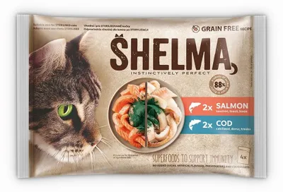 Obrázok produktu pre SHELMA so lososom a treskou v omáčke - mokrá krmivo pre mačky - 4x85g