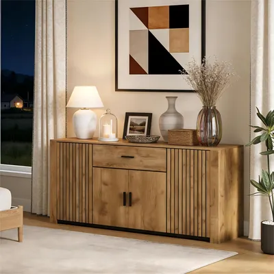 Image de Buffet Merax avec 4 portes et 1 tiroir, meuble d'appoint avec étagères réglables, pour salon, salle à manger, commode multifonctionnelle, bois