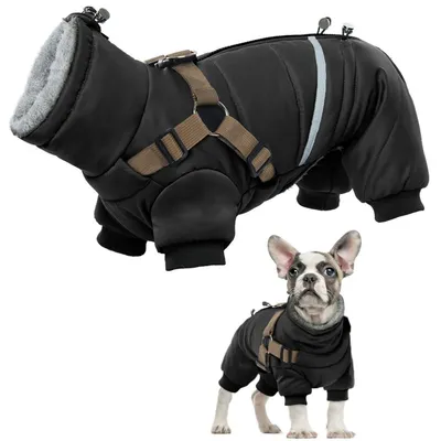 Immagine prodotto di Cappotto impermeabile e riflettente per cani, con pettorina, colore nero