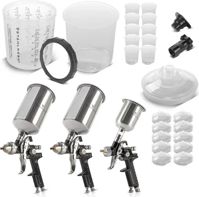 Produktbild von STAHLWERK Lackierpistolen Set 3 x HVLP Spritzpistole Düsen 25 Mischbecher 650 ml