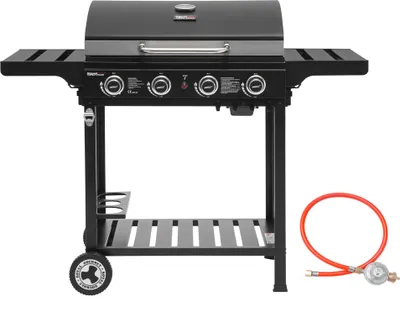 A black gas grill with side shelves and a gas hose and regulator is shown against a white background.