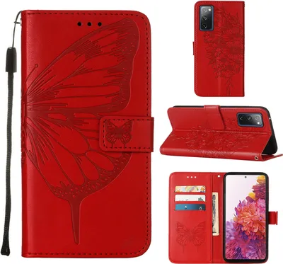 Produktbild von Galaxy S20 FE 4G Hülle, Schmetterling Prägung Flip Leder Kartenfächer Schutzhülle Ledertasche mit Ständer für Samsung Galaxy S20 FE 4G / 5G Rot