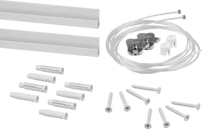 Produktbild von STAS Bilderschiene – Bilderaufhängesysteme / Fotorahmen / Poster – Galerieschiene – J-rail + Zylinderhaken + Perlonseil mit Gleiter 150 cm + Zipper Bilderhaken - 200cm (2x 100cm) - Weiss