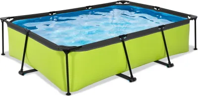 A rectangular above-ground swimming pool filled with blue water, supported by a black metal frame and featuring a bright green liner.