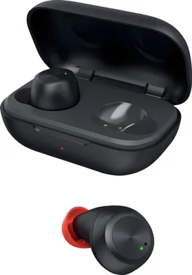 A black charging case for true wireless earbuds is open, with one earbud inside. A single black earbud with a red tip is shown separately below the case.