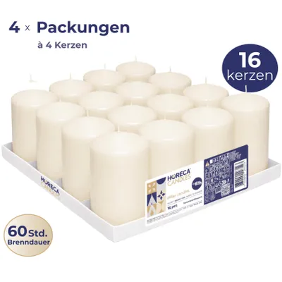 Produktbild von HORECA CANDLES Stumpenkerzen 16 Stück – 60h, 8 × 15 cm, geruchlos, ivory