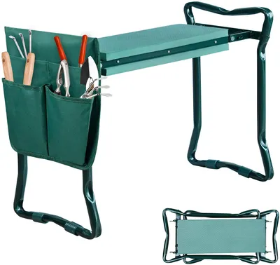 Produktbild von LARS360 59x28x49cm Kniebänke Arbeitshocker Gartenhocker Gartenwerkzeug Klappbar Hocker mit Schaumkissen und Abnehmbar Werkzeugtasche Knieschutz Sitzbank für Garten Haus Garage, Armeegrün