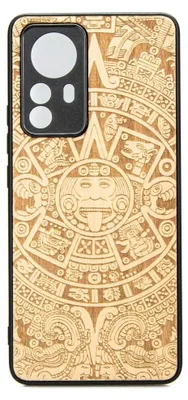 A close-up view of a phone case with an Aztec calendar design.