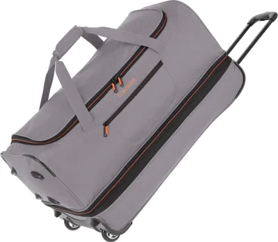 A gray rolling duffel bag is shown at an angle against a white background.