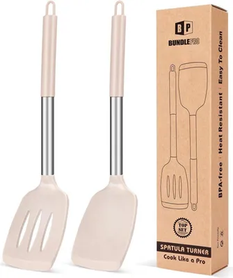 Produktbild von Silikon Pfannenwender Set hitzebeständig antihaft BPA-frei 2 Stück Edelstahl Khaki