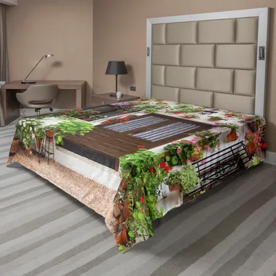 Produktbild von ABAKUHAUS Land Bettlaken, Bunter Haus-Entwurf mit Blumenstrauß in Töpfen Europäische Architektur Thema, weiches bequemes oberes Bettlaken für ein Nachbildungatives Bett 1 Stück 244 cm x 205 cm, Mehrfarbig