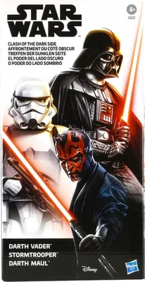 The image shows the packaging for a Star Wars action figure set featuring Darth Vader, a Stormtrooper, and Darth Maul.