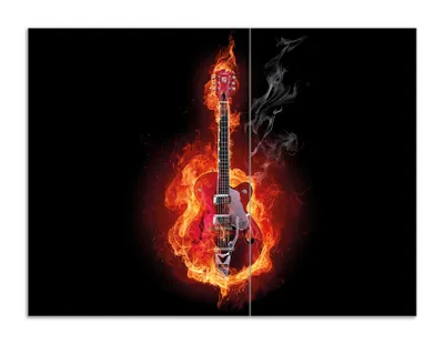 Produktbild von Wallario Herdabdeckplatte aus Glas, Größe 70 x 52 cm 2-teilig, Motiv Brennende Gitarre