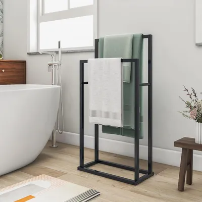 Zdjęcie produktu dla Ręcznikarka – Organizer na ręczniki – Półka do przechowywania w łazience – Dwa poziomy – 43 x 84 cm – Czarna