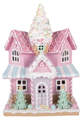 Productafbeelding van Clayre & Eef peperkoekhuis met LED-verlichting, 21x14x28 cm, roze kunststof
