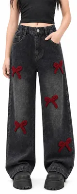 Immagine prodotto di Omgoods - Jeans baggy da donna con ricamo a forma di fiocco