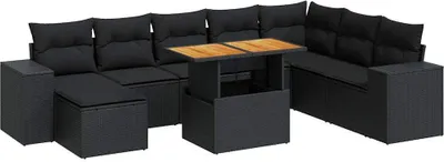 Produktbild von 9-tlg. Garten-Sofagarnitur mit Kissen Schwarz Poly Rattan