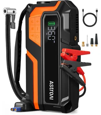 Obrázok produktu pre Prenosná nabíjačka s kompresorom, 150 PSI, pre 10 litrov benzínu / 8 litrov nafty, 12V, LED displej, oranžová