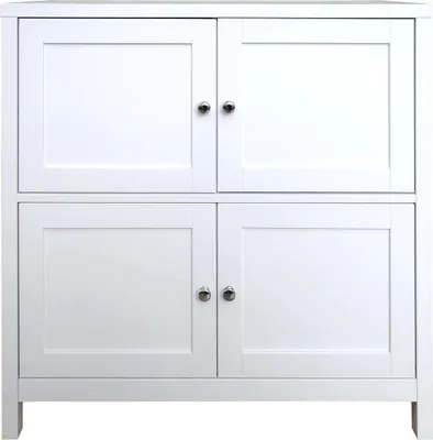 A white sideboard with four doors and silver knobs, presented against a white background.