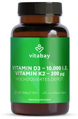 Produktbild von Vitabay Vitamin D3 + K2 Depot – 180 vegane Tabletten – hochdosiert – 10.000 IE Premium Vitamin D3 mit K2-MK7 All-Trans – ohne Zusätze – vegan & labor in Deutschland – Vorrat für lange Zeit