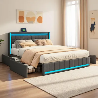 Image de Lit rembourré ProximaX 180 x 200 cm avec rangement, lit en lin avec LED RGB et port USB-C, 4 tiroirs, grand espace de rangement, solide et confortable, gris