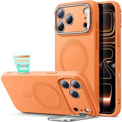 Image de Coque en silicone avec support pour iPhone 17 Pro Max, compatible MagSafe, contrôle de l'appareil photo, couleur orange