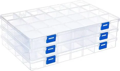 Immagine prodotto di Set di 3 scatole trasparenti in plastica per la conservazione di gioielli e accessori, con 28 scomparti per scatola, dimensioni 28,5 x 20 x 3 cm