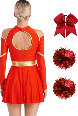 Zdjęcie produktu dla Damski strój cheerleaderki rozmiar M - strój cheerleaderki z długim rękawem, pomponami i opaską na włosy Idealny na Halloween, karnawał, imprezy i występy taneczne