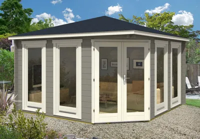 Produktbild von Alpholz 5-Eck Gartenhaus Maja aus Massiv-holz, Gerätehaus mit 44 mm Wandstärke ohne Imprägnierung, Garten Holzhaus inklusive Montagematerial, Geräteschuppen Größe: 400 x 400 cm, Spitzdach