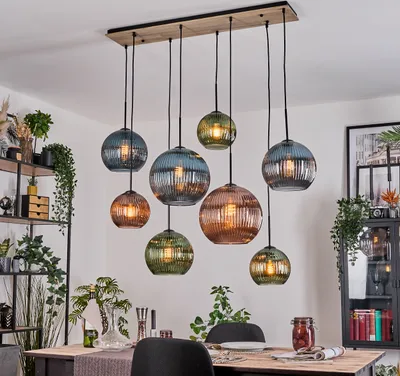 Produktbild von Cesaro Hängelampe Metall/Holz/Riffelglas, Schwarz/Natur/Grün/Blau/Gold/Kupfer