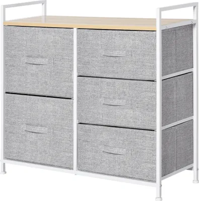 Produktbild von Szafka z szufladami HOMCOM, szafka do przechowywania, komoda z tkaniny z 5 szufladami z tkaniny, tkanina + drewno + metalowa rama, szary, 83 x 29 x 77 cm